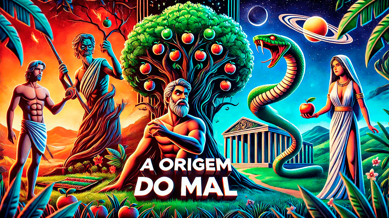 Qual é a origem do mal? Ilustração vibrante e detalhada do Jardim do Éden, representando a origem do mal segundo a Bíblia. Adão e Eva próximos à árvore do conhecimento, com a serpente alada ao redor. Imagem explora temas como pecado original, origem do pecado e mal no mundo, questionando por que Deus permite o mal e a causa do mal na humanidade.