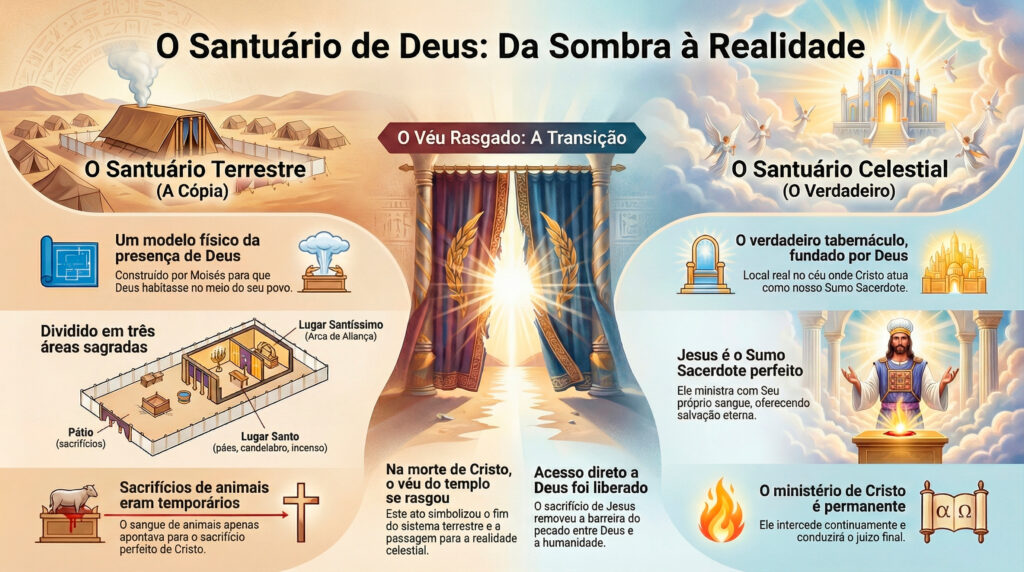 O que é o Santuário de Deus na Bíblia? Guia Completo 3 Infografico Santuario Celestial Tabernaculo de Deus Tudo sobre o santuario de Deus 1 - O que é o Santuário de Deus na Bíblia? Guia Completo - Muitas pessoas pesquisam: o que é o santuário de Deus na Bíblia?, o que é o santuário celestial?, o que significa tabernáculo de Deus?, qual a diferença entre o santuário terrestre e celestial?, ou por que o véu do templo se rasgou quando Jesus morreu?.Todas essas perguntas têm respostas claras nas Escrituras — e quando estudamos o assunto a fundo, descobrimos que o santuário é o coração da mensagem da salvação. - O que é o Santuário de Deus na Bíblia?