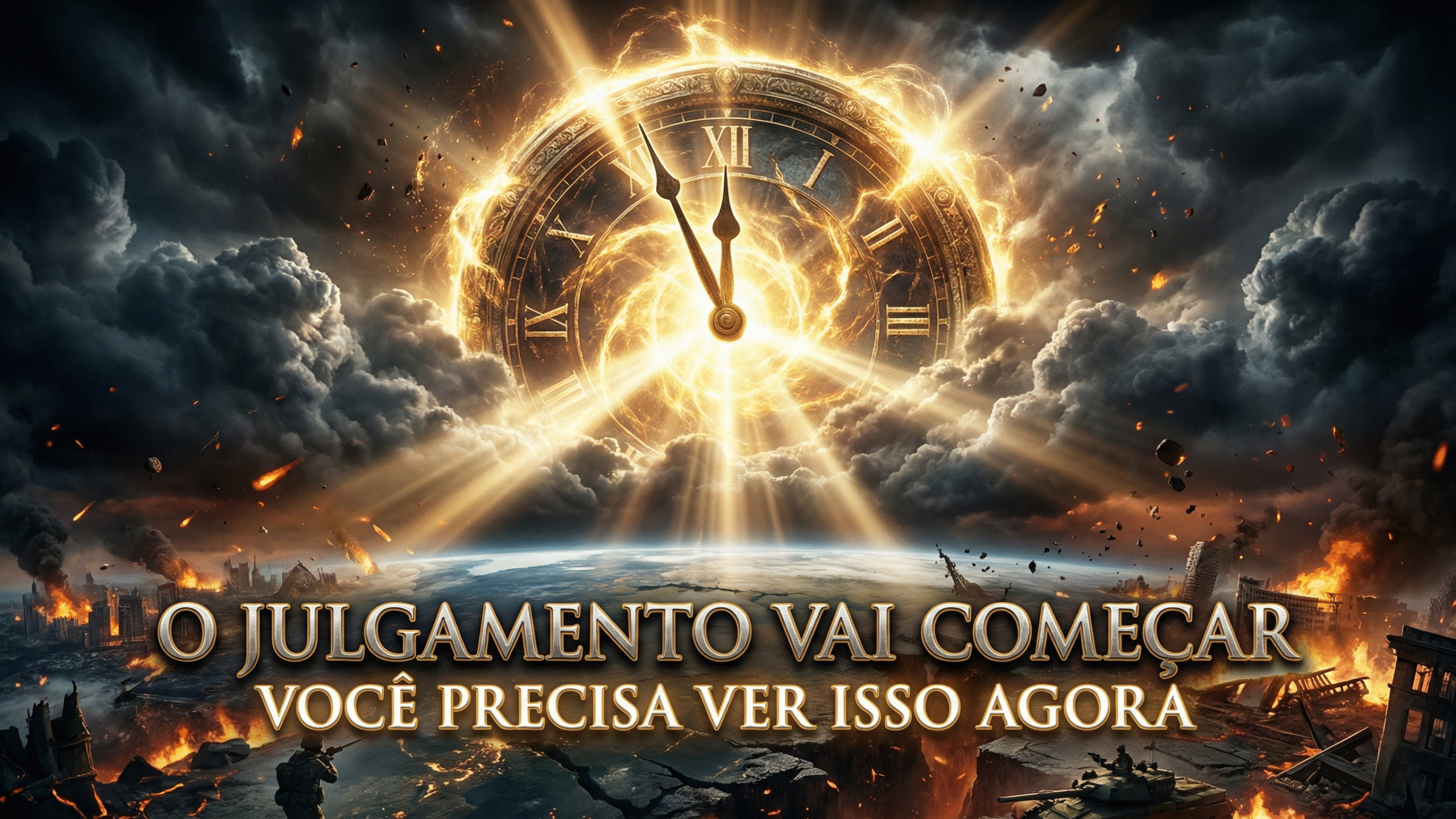 Ilustração realista mostrando como será o julgamento de Deus segundo a Bíblia; um grande relógio representando o juízo final no céu, luz divina brilhando, simbolizando como Deus julga cada pessoa conforme suas obras.